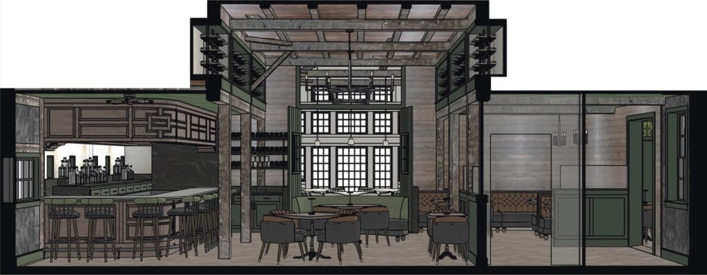 Cross-section rendering showing bar on left, extra-tall central seating space, and lower-height seating space on right.