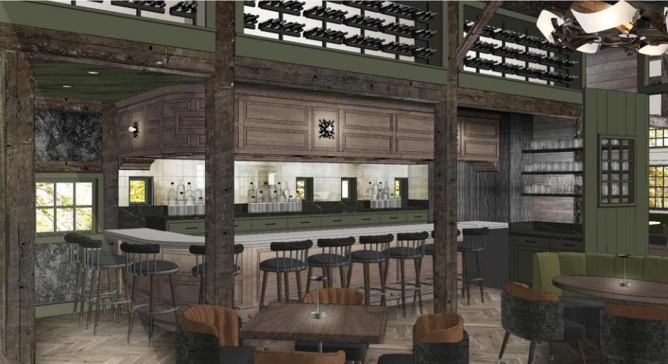Rendering of bar within exposed barn structure.