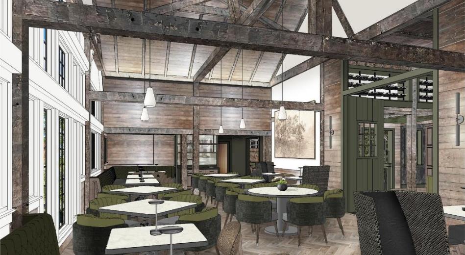 Rendering of dining room with exposed barn structure just inside large bank of windows.